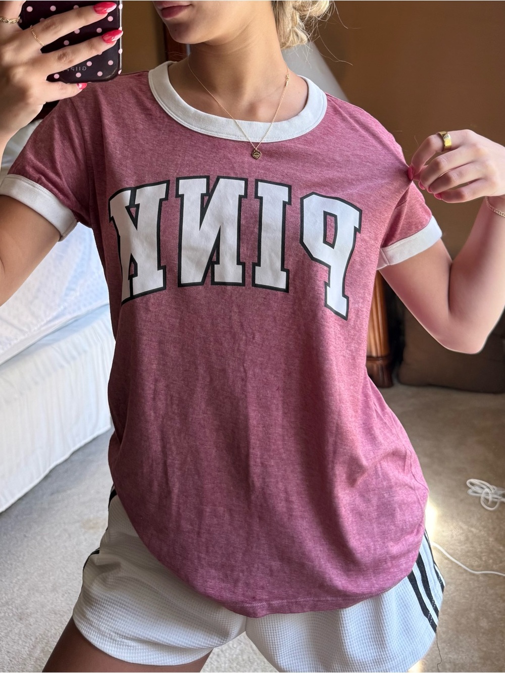 Victoria's Secret Heather Rose Ringer Tee with White Trim